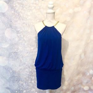 LAUNDRY BY SHELLI SEGAL • blue dress with gold neck detail